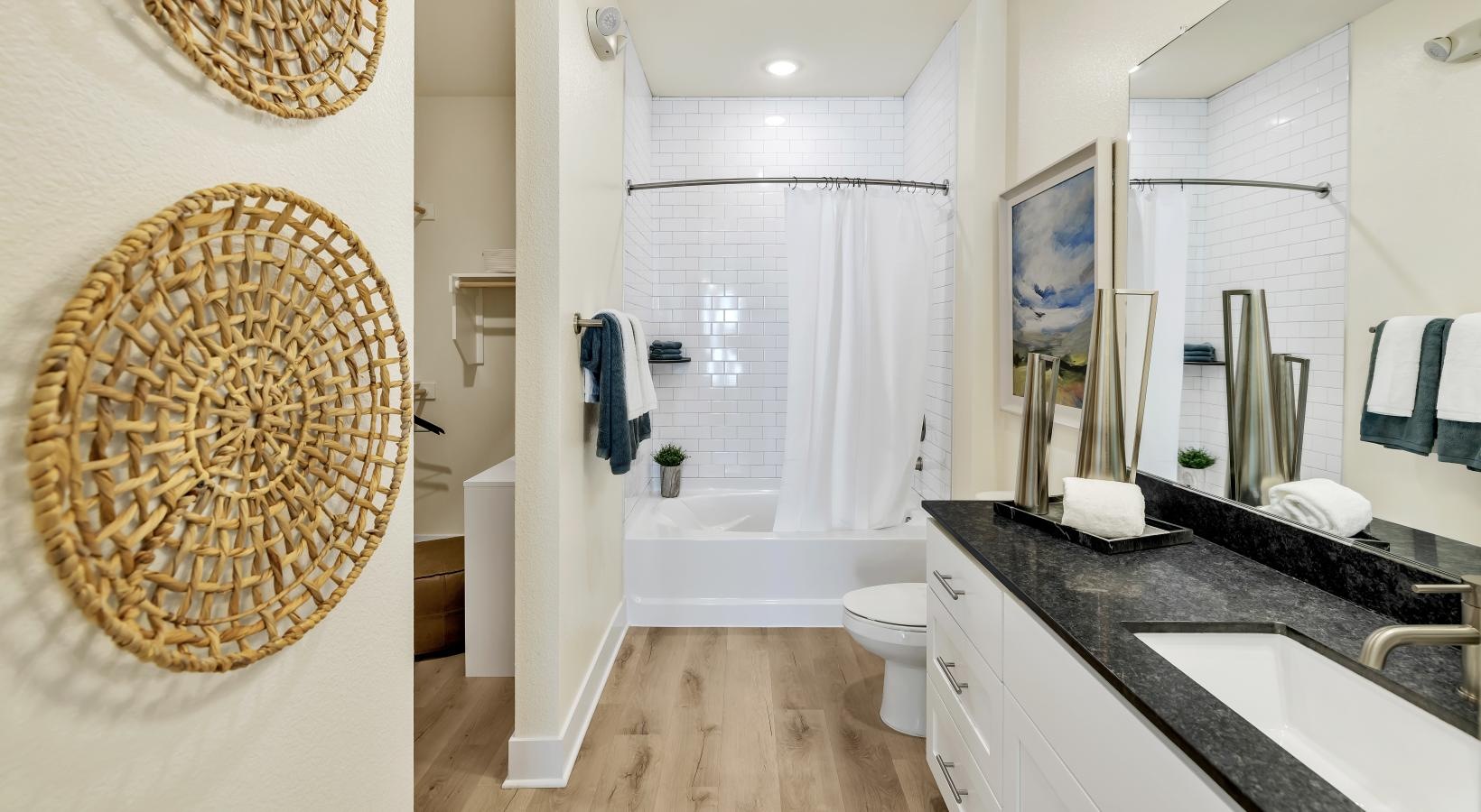 a bathroom with a large mirror