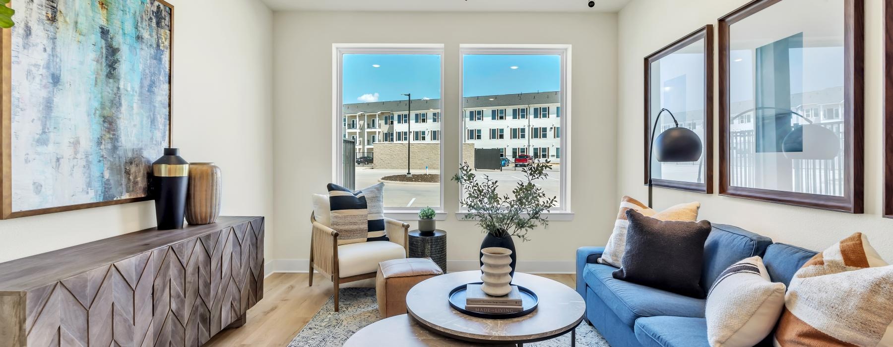a living room with a large window
