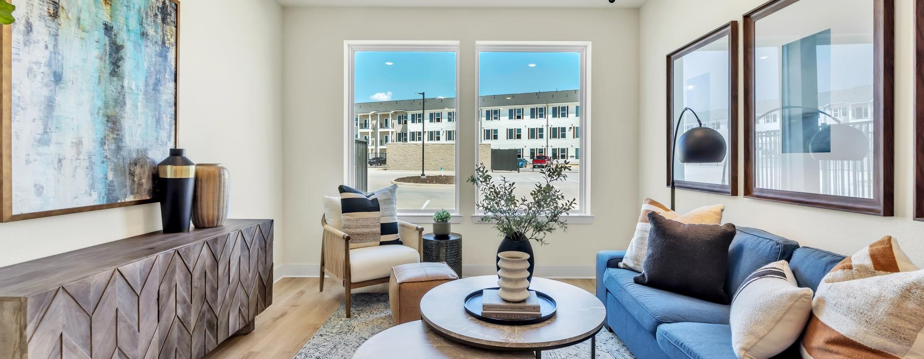 a living room with a large window